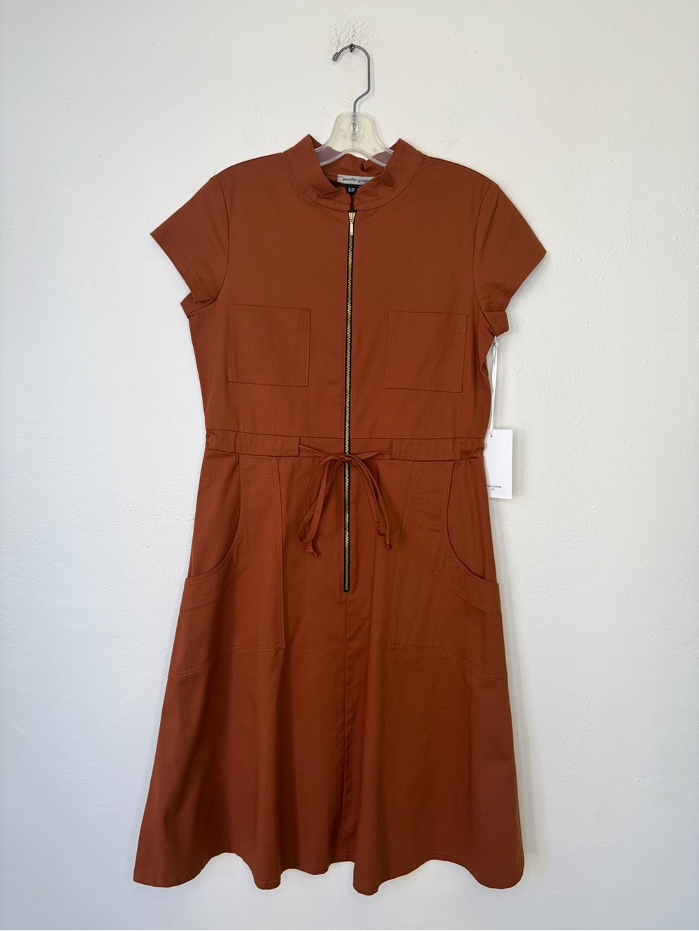 Jennifer Glasgow Zip-Front Rust Midi Dress with Drawstring Waist